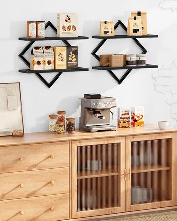 Настінна полиця, комплект з 2 шт., плаваюча полиця, 2-рівневі підвісні полиці, для вітальні, спальні, кухні, офісу, чорна DTBJ01P2BB 2 Чорний