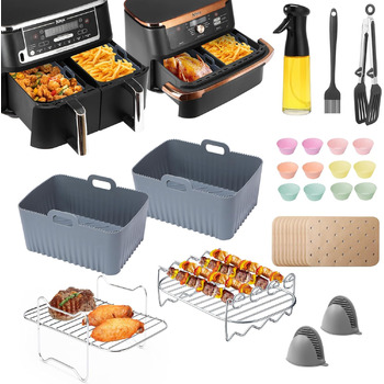 Аксесуари для фритюрниці ENSINE, аксесуари для фритюрниці для фритюрниці Ninja AF400EU, AF500EU, 9-10.4L XXL, включаючи силіконову форму, масляний спрей, решітку для гриля, силікон форми для випічки, папір для випічки тощо. НАБІР 22 шт.