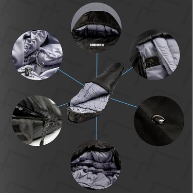 Спальний мішок EXPLORER Comfort XL -23C -5C 350 г/м Зимовий спальний мішок-мумія для дорослих на 3-4 сезони 1900 г 230x85x70 см, ідеально підходить для активного відпочинку, кемпінгу, трекінгу та подорожей, чорний