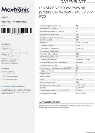 Світлодіодна стрічка Mextronic VERO LED стрічка Світлодіодна стрічка VERO тепла біла (2700K) CRI 96 96W 5 метр 24V IP20