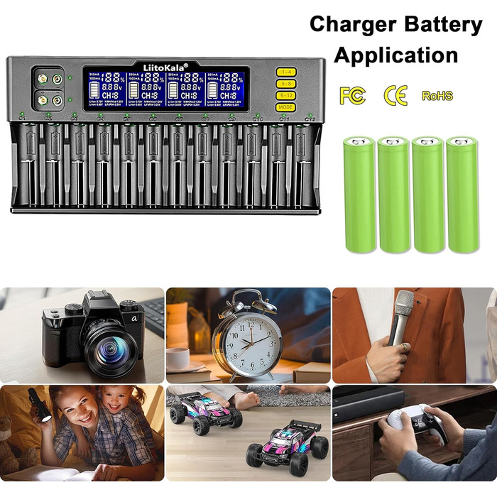 Слотовий РК-дисплей швидкий зарядний пристрій, інтелектуальний універсальний зарядний пристрій для літій-іонних (IMR/ICR) LiFePO4 Ni-MH/Cd 18650 21700 26650 18350 14500 RCR123 9V батарей AA AAA C, 12 18650 12-