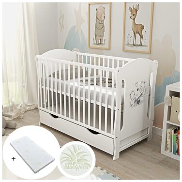 Дитяче ліжко Generic Baby Deluxe 60x120, що трансформується в дитяче ліжко білого кольору з шухлядою та матрацом з алое вера з регульованою висотою та знімними прутами (Lia White)