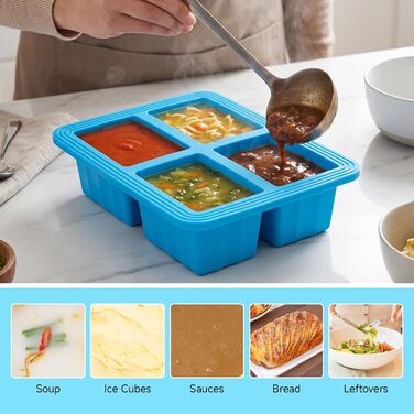 Контейнери для заморожування супів, 2 шт., силіконові кубики для супу з кришками, морозильна камера без бісфенолу А, лоток для кубиків льоду в морозильній камері для бульйону, соусу та льоду (синій)