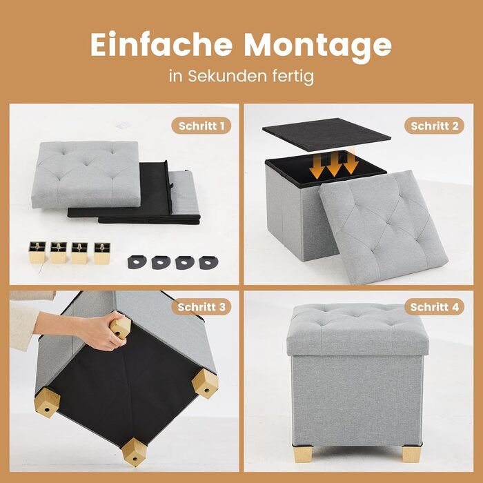 Пуф для зберігання Sweetcrispy, невелика складна лавка, 38 x 38 x 38 см, коробка для зберігання з кришкою як табурет та пуф для ніг, вантажопідйомність до 300 кг, для вітальні, спальні, коридору, світло-сірий