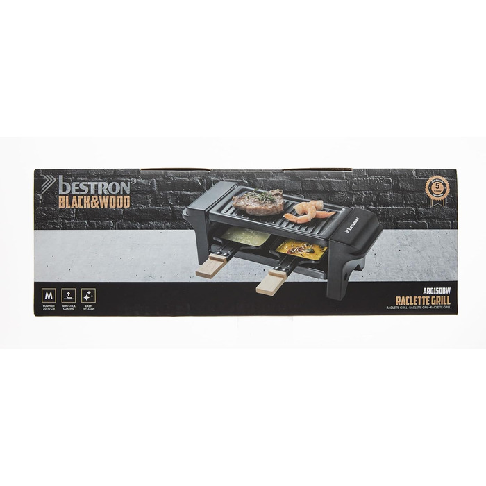 Раклет Bestron на 1 до 2 осіб, міні-настільний гриль з двома сковородами, двома дерев'яними скребками та двома підставками, 350 Вт, колір чорний