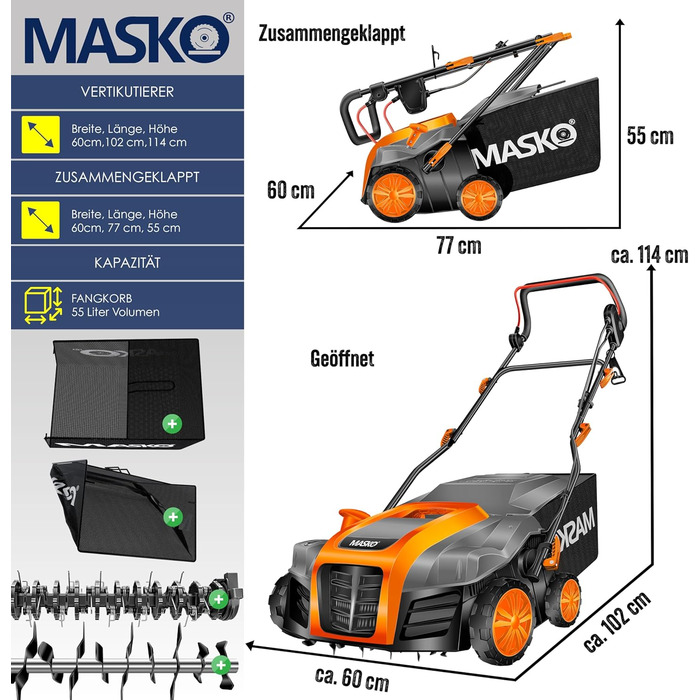 В-1 Аератор-Вертикуттер 1800 Вт, ширина захвату 40 см, мішок для збору 55 л, з валом-аератором, видаляє мох, 20 сталевих ножів, 5 рівнів регулювання глибини, регульована по висоті ручка, помаранчевий, 2-
