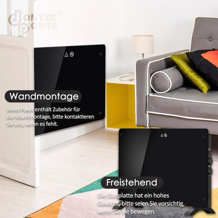 Конвекторний обігрівач DONYER POWER 1000 Вт, ультратонкий, настінний або окремостоячий, чорна скляна панель 1 кВт чорного кольору