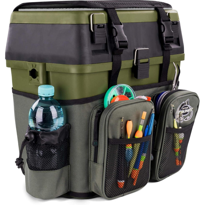 Скринька для рибальських снастей, рибальська сумка, м&39яка скринька для сидіння з функцією сидіння, скринька для снастей з функцією рюкзака та прикріпленими кишенями - включаючи 4 скриньки для рибальських аксесуарів, колір темно-зелений