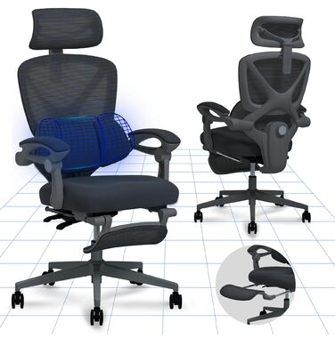 Ергономічне офісне крісло FLEXISPOT, Х-подібне робоче крісло з кутом нахилу 135, з&39єднані підлокітники з зонально регульованою поперековою опорою, поворотне крісло з підставкою для ніг, 3D-підголівник, чорний OC4