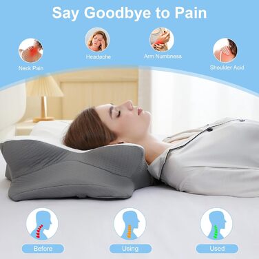 Подушка з піни з ефектом пам&39яті, ортопедична подушка для шиї від болю в шиї, подушка для всіх положень сну (на боці, на спині, на животі), подушка для шиї з дихаючим чохлом для дорослих, сіра, біла, 6342,513,8/9 см