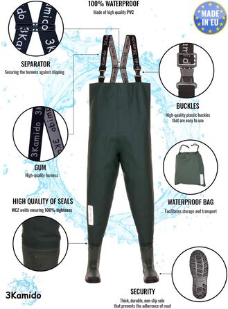 Вейдерси для підлітків, міцні підтяжки, сумка для перенесення та зберігання, суцільна підошва, чорний, зелений та джинсово-синій кольори, розміри 36, 37, 38, 39, 40, 41, 42 EU, дитячі рибальські черевики розмір 36 зеленого кольору