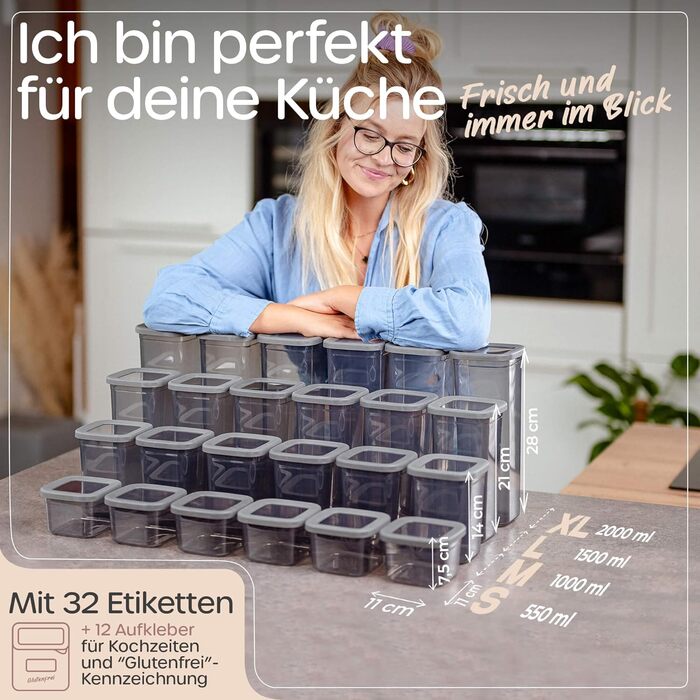 Герметичні контейнери для зберігання з кришками комплект з 24 предметів Антрацит - Штабелюються та економлять місце для кухні, герметичні банки для зберігання, контейнери для борошна, харчові контейнери, контейнери для зберігання, коробки для зберігання А