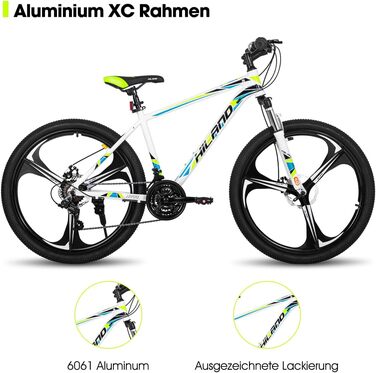 Гірський велосипед для дорослих HILAND H200 26 дюймів, 21 швидкість, подвійні дискові гальма, колеса 3/6 спиць, алюмінієва рама, чоловічий та жіночий велосипед, доступні різні кольори білий - 6 спиць
