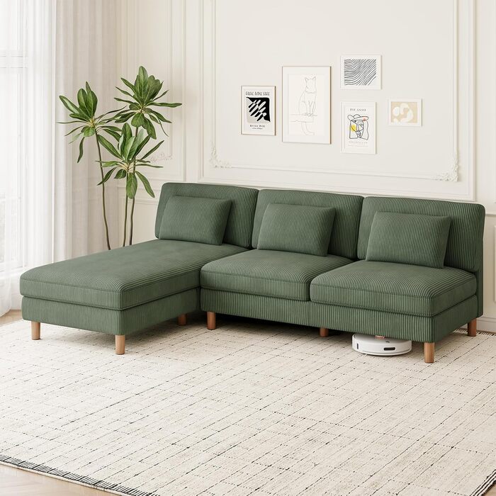 Місний диван Vesgantti Cord без підлокітників, 166 см. Сучасний тримісний диван з подушками, комбінований диван, ідеально підходить для вітальні, спальні, офісу, збирається без інструментів, 166 * 88 * 84 см. Зелений 3-місний диван., 3-