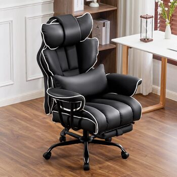 Ігрове крісло, Ергономічне офісне крісло, Крісло керівника зі штучної шкіри, Вантажопідйомність 200 кг з підставкою для ніг та поперековою опорою, Крісло для домашнього офісу, Регульоване крісло з високою спинкою, Обертове крісло (Чорне)