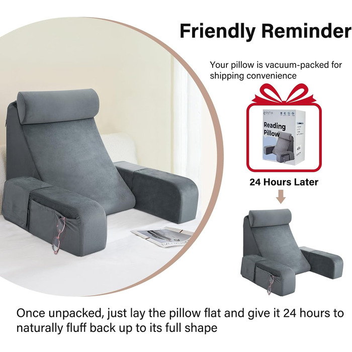 Подушка для читання ENITYA для сидіння в ліжку для дорослих, 48,3 см, подушка для підтримки спини для сидіння в ліжку, подушка для спини для лежання, гри, відпочинку, перегляду телевізора на дивані або підлозі, клиноподібна подушка сірого кольору середньо