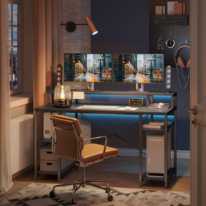 Великий стіл Bestier, комп'ютерний стіл, стіл для ПК, офісний стіл, ігровий стіл з 4 полицями та полицею для монітора, ігровий сті