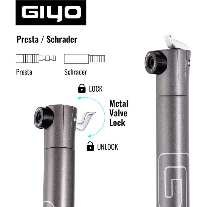 Велосипедний насос GIYO Super Micro, металевий, найменший насос, доступний з телескопічним насосом для гірського велосипеда (80 PSI), великий об&39єм, клапан Presta та Schrader, зроблено на Тайвані (GM-043LT)
