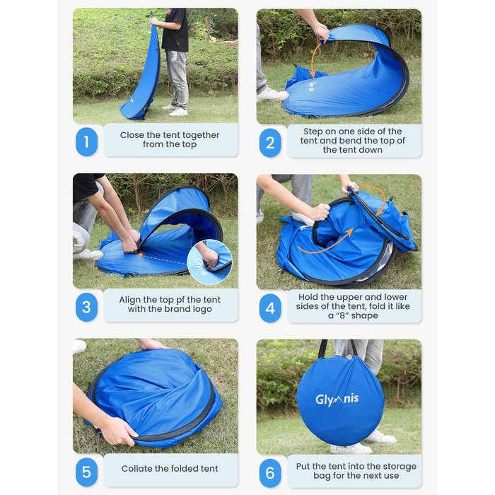 Пляжний намет Glymnis Pop-Up Beach Shelter, пляжний намет із дверима на блискавці, захист від ультрафіолету 50, вітрозахисний, малий розмір у упаковці, синій, пляжний намет XL/3-4 особи