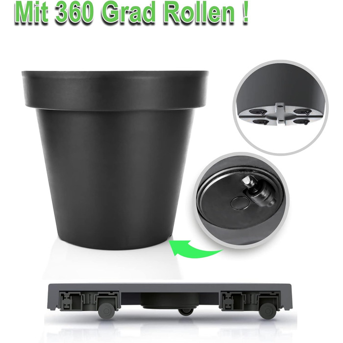 Квітковий горщик BigDean 2 шт. XXL ø60 см, класичний антрацит - з колесами, що обертаються на 360 градусів, дренажний отвір, що герметично закривається - всепогодний пластик - великий горщик, підходить для використання в приміщенні та на вулиці