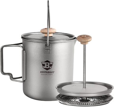 Кавоварка Bestargot French Press Titanium для кемпінгу, титанова чашка-горщик об&39ємом 750 мл макс. для активного відпочинку та кемпінгу, надлегкий кемпінговий посуд, 188 г для бушкрафту та подорожей, титановий тип 1-750 мл з кавовим фільтром