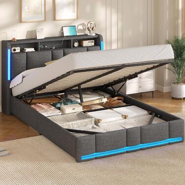 М&39яке ліжко 140x200 з розетками та світлодіодним освітленням, двоспальне ліжко 140x200 з узголів&39ям для зберігання та гідравлічним відділенням для зберігання, каркас ліжка з рейковою основою, дитяче ліжко, льон, без матраца, темно-сірий 140x200 см тем