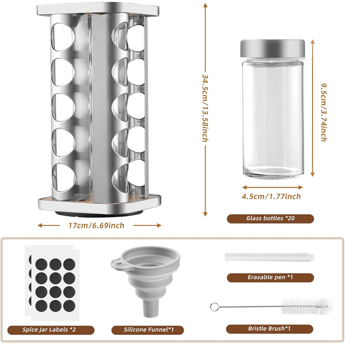 Підставка для спецій FRIBERG з 20 круглими банками для спецій, 100 мл, карусель для спецій з нержавіючої сталі, що обертається на 360, стійка для спецій з лійкою, етикеткою, ручкою та щіткою для чищення, срібляста 20