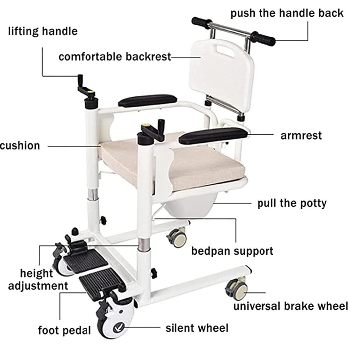 Крісло для перенесення підйому пацієнтів, регульована підйомна ванна Мобільна інвалідна коляска Commode з сидінням для унітазу, крісло для душу з підйомником для перенесення пацієнтів з туалетом для інвалідів