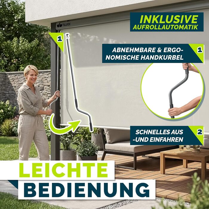 Вертикальна маркізка tillvex 160 x 250 см для використання всередині та зовні приміщень з дощовиком Водонепроникна зовнішня рулонна штора з ручним приводом для балкона, тераси та саду Балконна рулонна штора, сонцезахисний козирок, екран для конфіденційнос