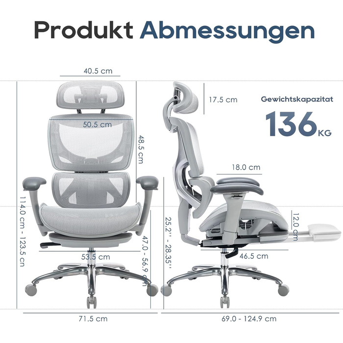 Ергономічне офісне крісло преміум-класу COLAMY з висувною підставкою для ніг регульований