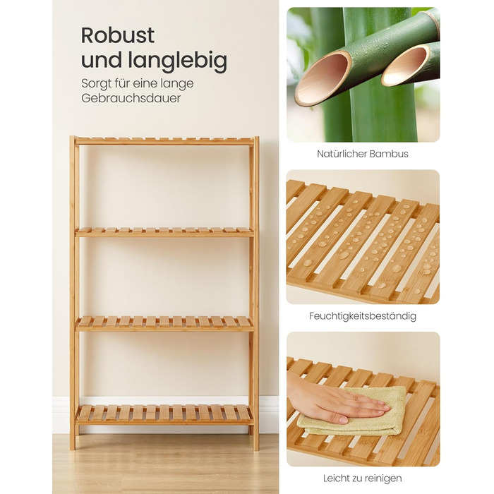 Полиця для ванної кімнати SONGMICS, кухонна полиця, взуттєва полиця з 4 ярусами, бамбукова окремостояча полиця, 26 x 60 x 100 см, для ванної кімнати, вітальні, коридору, кухні, натуральний бежевий BCB034Y01 4 полиці