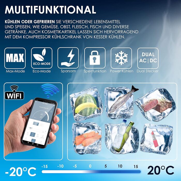 Електрична морозильна камера, 42 л З керуванням APP USB-з'єднання 12/24 В 230 В, телескопічна опора, 2 колеса холодильної камери Х