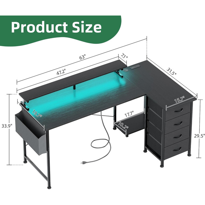 Г-подібний ігровий стіл VERMESS з 4 шухлядами, 160 см, двосторонній, столи для домашнього офісу з розетками, Г-подібний комп&39ютерний стіл з портом зарядки USB та підставкою, кутовий стіл 160,02 см чорний
