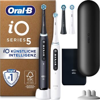 Електрична зубна щітка/електрична зубна щітка Oral-B iO Series 5 Plus Edition, подвійна упаковка ПЛЮС 2 щітки магнітний чохол, 5 режимів чищення, упаковка, що підлягає переробці, матовий чорний/цілком білий Duo Матовий чорний/ Білий Чорний/Білий