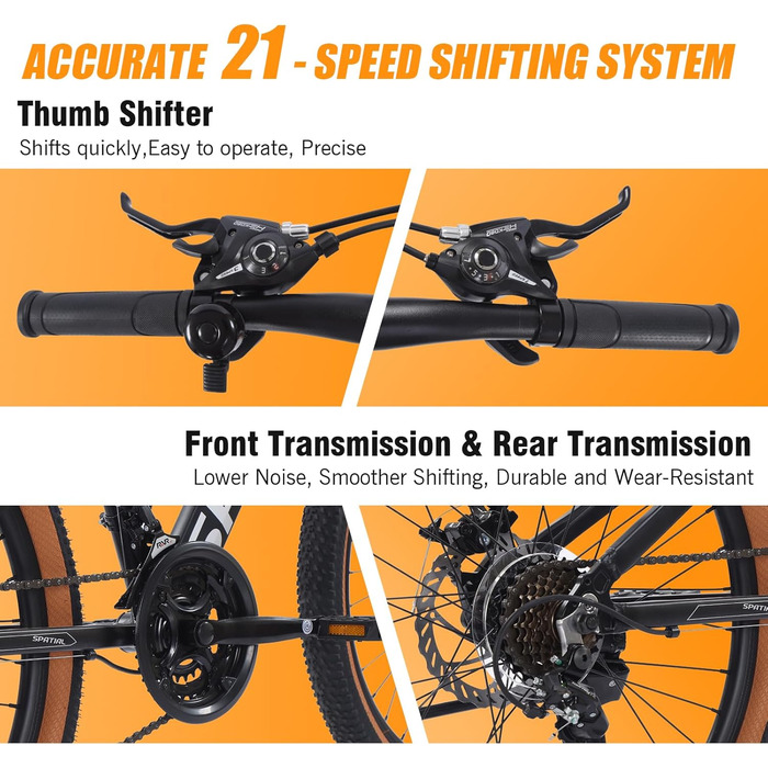 Гірський велосипед SPATIAL 29/27,5/26/24 дюймів, велосипед для активного відпочинку, 2 1/8 передачі, алюмінієва рама Подвійні дискові гальма, регульоване ергономічне сідло для чоловіків, жінок, підлітків, чорний 24 дюйми