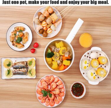 Електрична гаряча каструля 1,5 л з пароваркою, електричні сковороди для смаження/рамену/фондю/супу, підходить для гуртожитку/кемпінгу/дому, керамічне антипригарне покриття, подвійне регулювання потужності, світло-бежевий