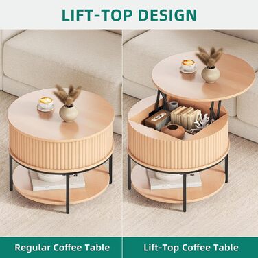 Журнальний столик з регульованою висотою, круглий журнальний столик з ребристим дизайном та прихованим місцем для зберігання, приставні столики для дивана Centro для вітальні, підйомна поверхня з дуба