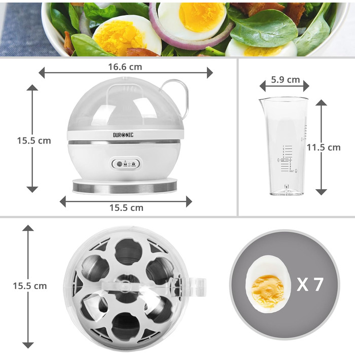 Яйцеварка Duronic EB27 WE, яйцеварка на 7 яєць, яйцеварка 400 Вт, рівень жорсткості від м'якого до твердого, захист від перегріву та таймер, яйцеварка з мірною чашкою та вибором яєць, яйце для сніданку для сім'ї