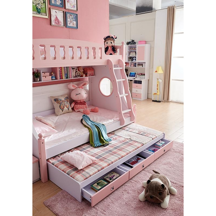 Дитяче двоярусне ліжко JooTech ліжко-горище дитяче ліжко функціональне ліжко зі сходами з полицею з ящиками 3 спальних місця рожев