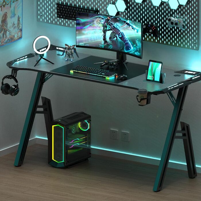 Ігровий стіл зі світлодіодним освітленням, 160x60 см, ігровий стіл з А-подібною рамою, стабільний ігровий стіл для ПК з крутим вуглецевим покриттям, ергономічний дизайн з гачком для навушників та підсклянником, легко збирається, 160 x 60 см зі світлодіодн