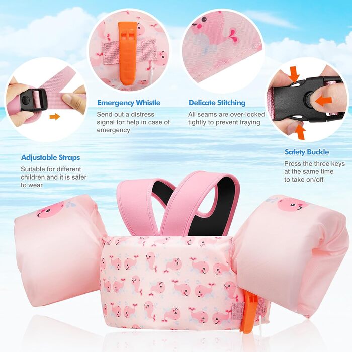 Дитячі плавки MoKo, мультяшна плавка з Y-подібним дизайном, ременями безпеки та аварійним свистком для хлопчиків та дівчаток вагою 20-50 фунтів. Рожевий кит для 20-50 фунтів.