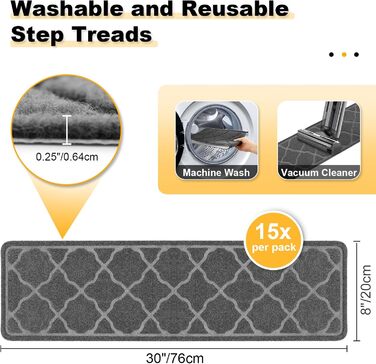 Килимків для сходів 76x20 см, протиковзкі килимки для сходів, самоклеючий килимок для сходів, килимок для сходів, який можна прати в пральній машині, з гумовою основою TPR для дітей, людей похилого віку та собак, сірий, 15 шт., 15
