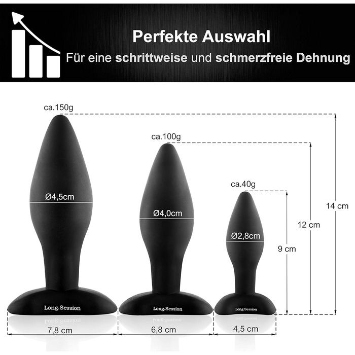 Набір анальних пробок Long.Session, з силікону, три розміри Ø2,8 см, Ø4,0 см, Ø4,5 см