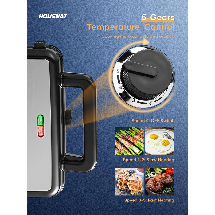 Сендвіч-машина HOUSNAT 3 в 1 - вафельниця, контактний гриль, сендвіч-машина - 1200 Вт з 5-швидкісним регулюванням температури - для бельгійських вафель - Антипригарне покриття - ідеально підходить для сніданку, кемпінгу та багато іншого Чорний