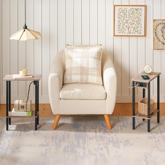 Вузький 2-ярусний бічний столик HOOBRO, диван-столик із зарядною станцією, тумбочка з полицею, журнальний столик, для невеликих приміщень, вітальні, спальні, кабінету, сіро-чорний EBG240CBZ01 сіро-чорний 1