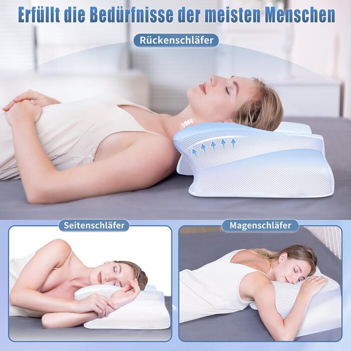 Ергономічна подушка для шиї SAHEYER, ортопедична подушка з піни з ефектом пам&39яті, подушка для сну на боці, подушка для підтримки шиї, покращує якість сну, подушка для шиї, 60 x 35,5 x 10/13 см, біла подушка для сну 60 x 35,5 x 10/13 см