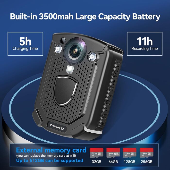 Годин відеозапису, IP68 Водонепроникність, H.265 Video Code, Night Vision Bodycam, Натільна камера, що можна носити, з 2 кліпсами, що обертаються на 360 (з 64 ГБ TF-картою), 1 HD 3840 * 2160P Body Cam, 10-12