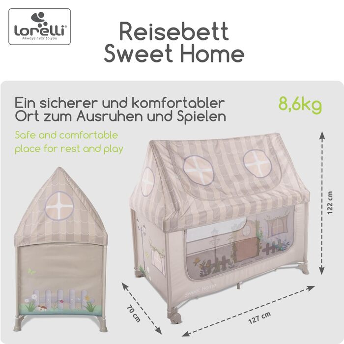 Дитяче ліжечко Lorelli з балдахіном та колесами, 2 в 1 дитяче ліжечко та манеж Sweet Home, ліжечко від народження до 15 кг, бічний вхід, складне, включаючи сумку для перенесення, бежевий