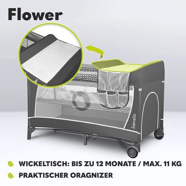 Дитяче ліжечко Lionelo Flower 4-в-1 з боковим входом, пеленальний столик, два рівні висоти підвіски матраца, арка для іграшок з фігурками, колеса, сумка для перенесення, сірий колір