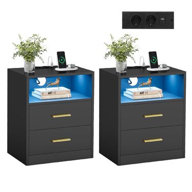 Колекція Custos - Тумбочка із зарядною станцією, комплект із 2 шт. , світлодіодне підсвічування, бічний столик, сучасний, з шухлядами, 2 розетками змінного струму та USB-портами, чорний колір LET829BC01 чорний колір 2 комплекти